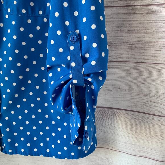 Studio Works Blue and White Polka Dot Button Down Shirt Roll Tab Long Sleeve - Picture 11 of 16